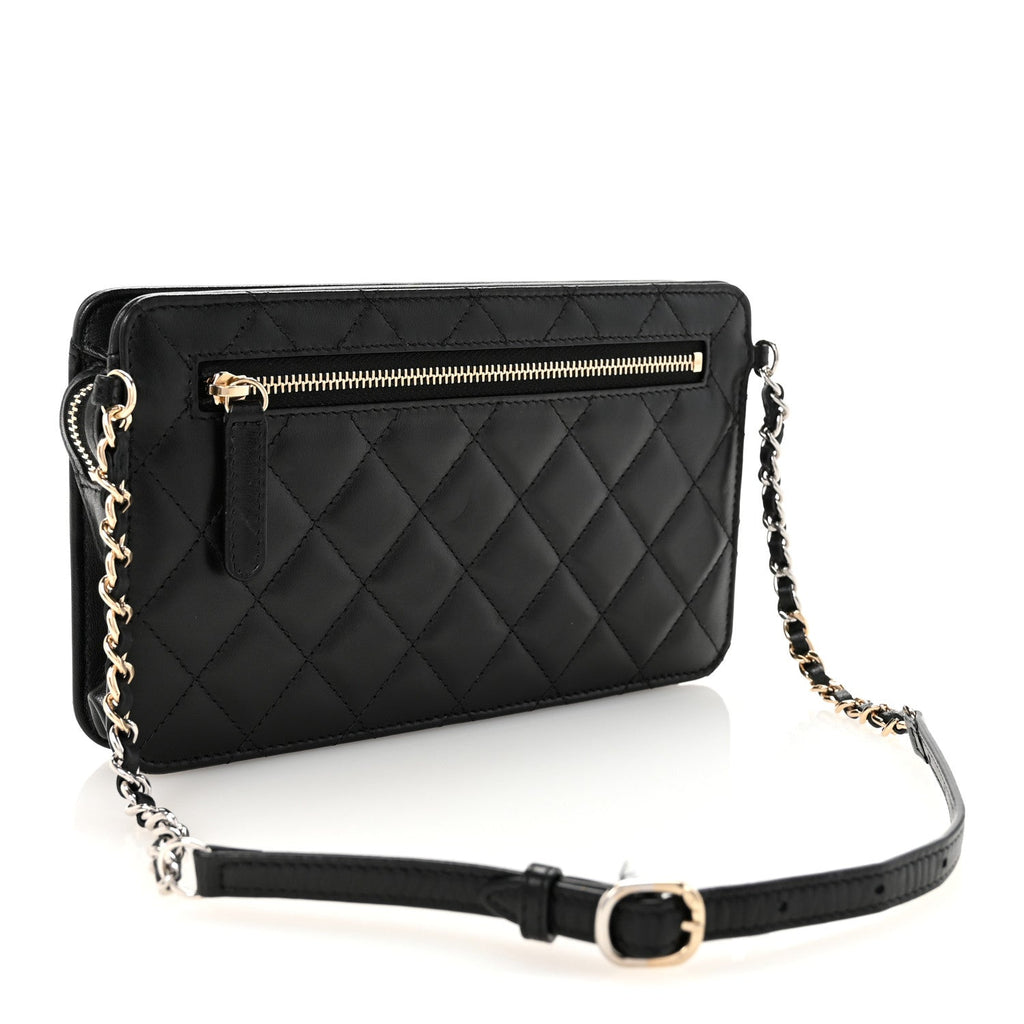 Chanel Lambskin Quilted Front Pocket Clutch With Chain Black