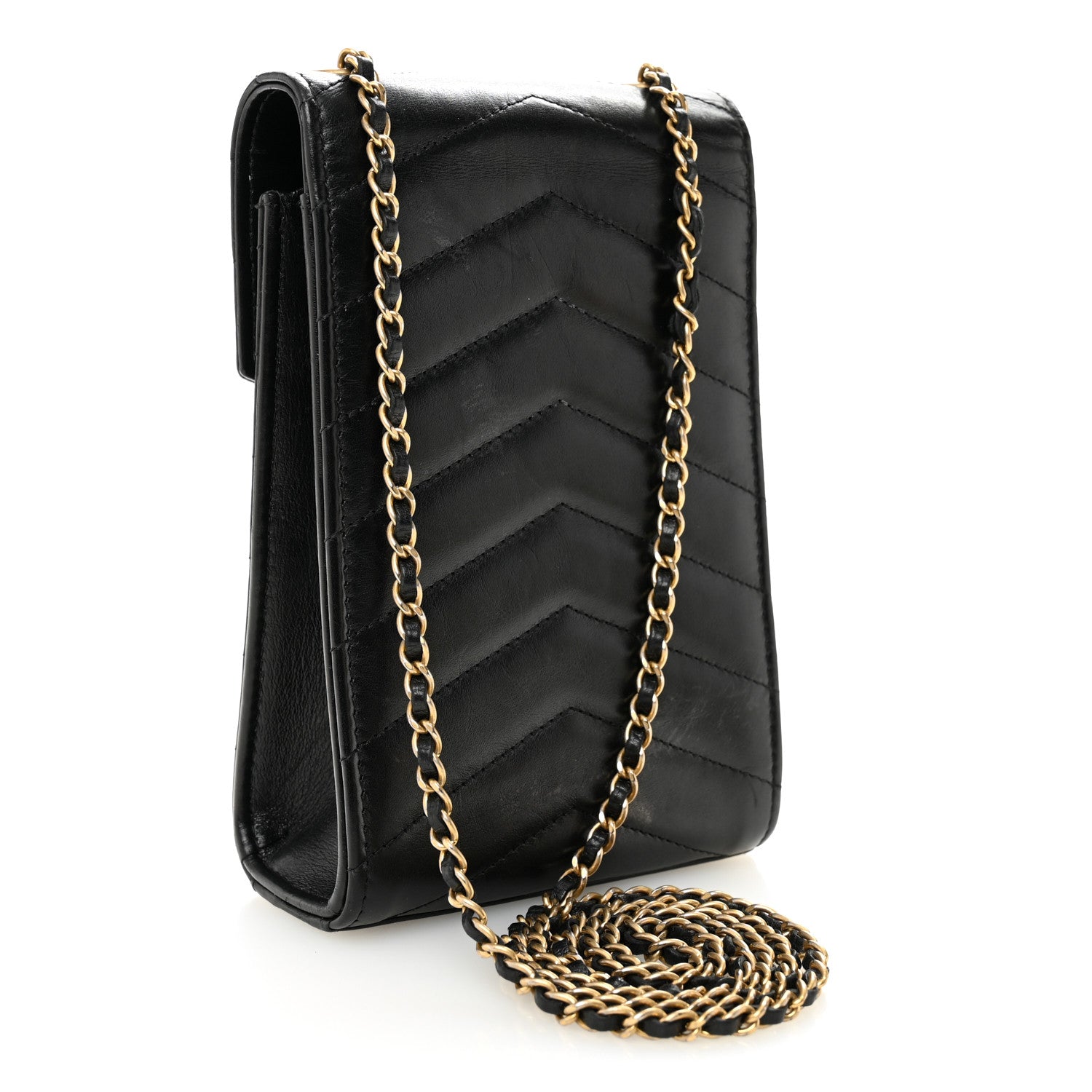 Calfskin Chevron Quilted Medal Mini Clutch With Chain  Black