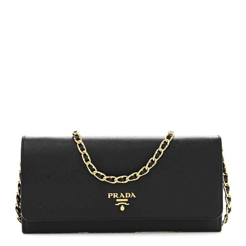 Prada Saffiano Metal Oro Chain Wallet Black