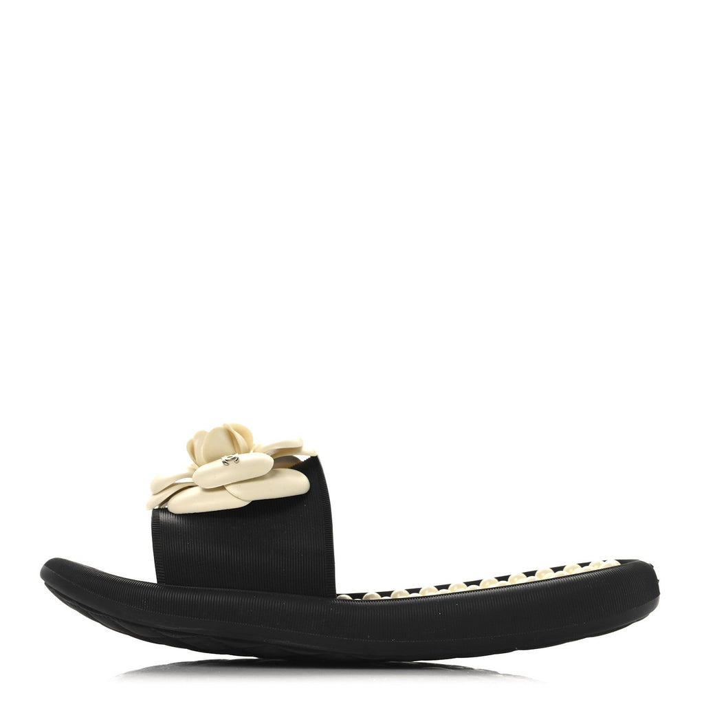 Chanel Thermoplastic PVC Camellia Mule Sandals 36 Black Ivory