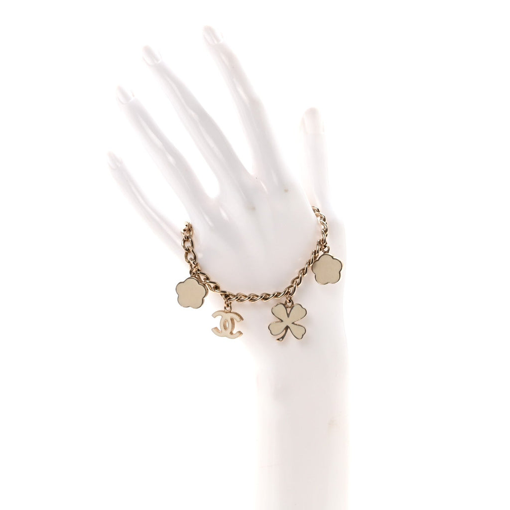 Enamel Crystal Pearl CC Lucky Charms Bracelet Gold White