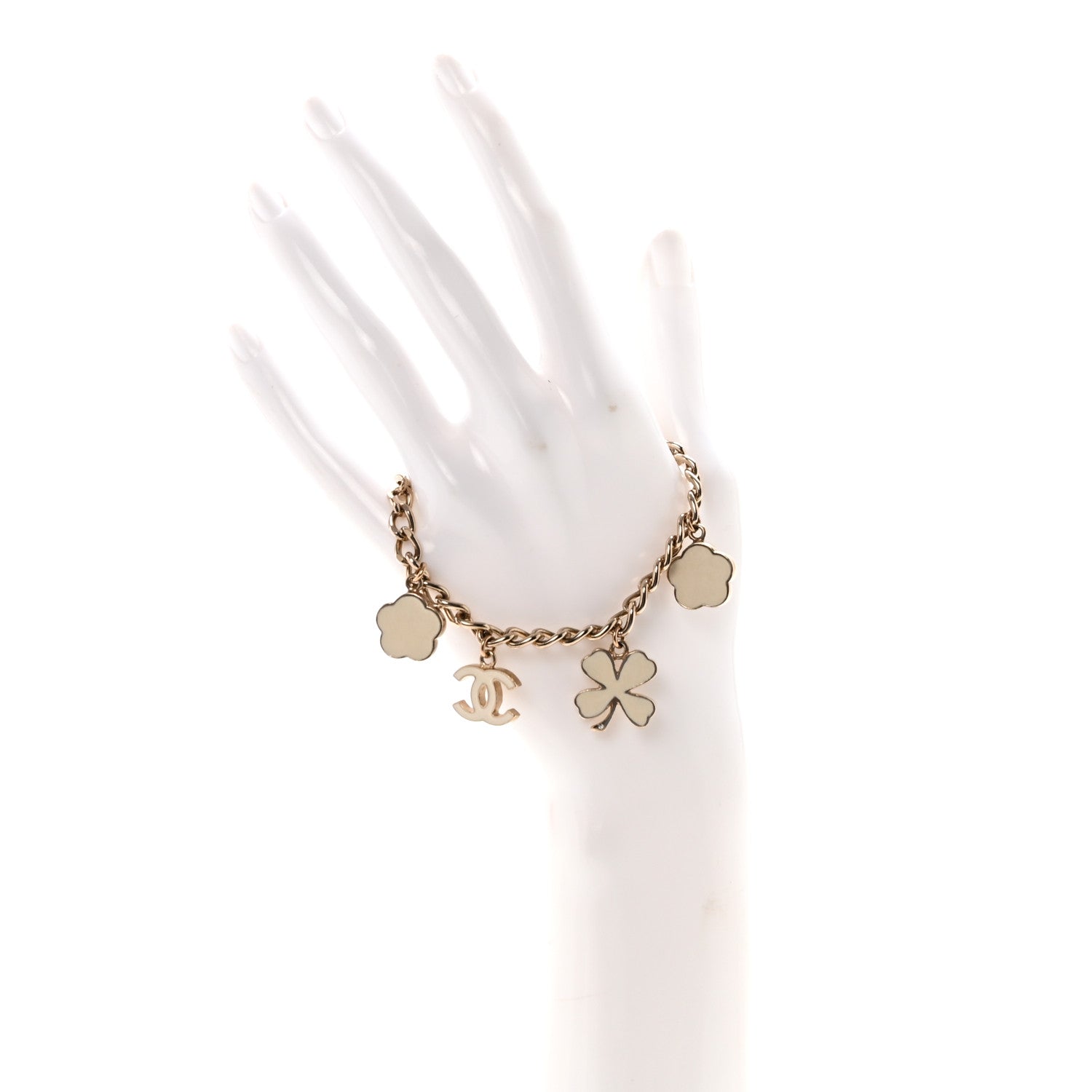 Enamel Crystal Pearl CC Lucky Charms Bracelet Gold White
