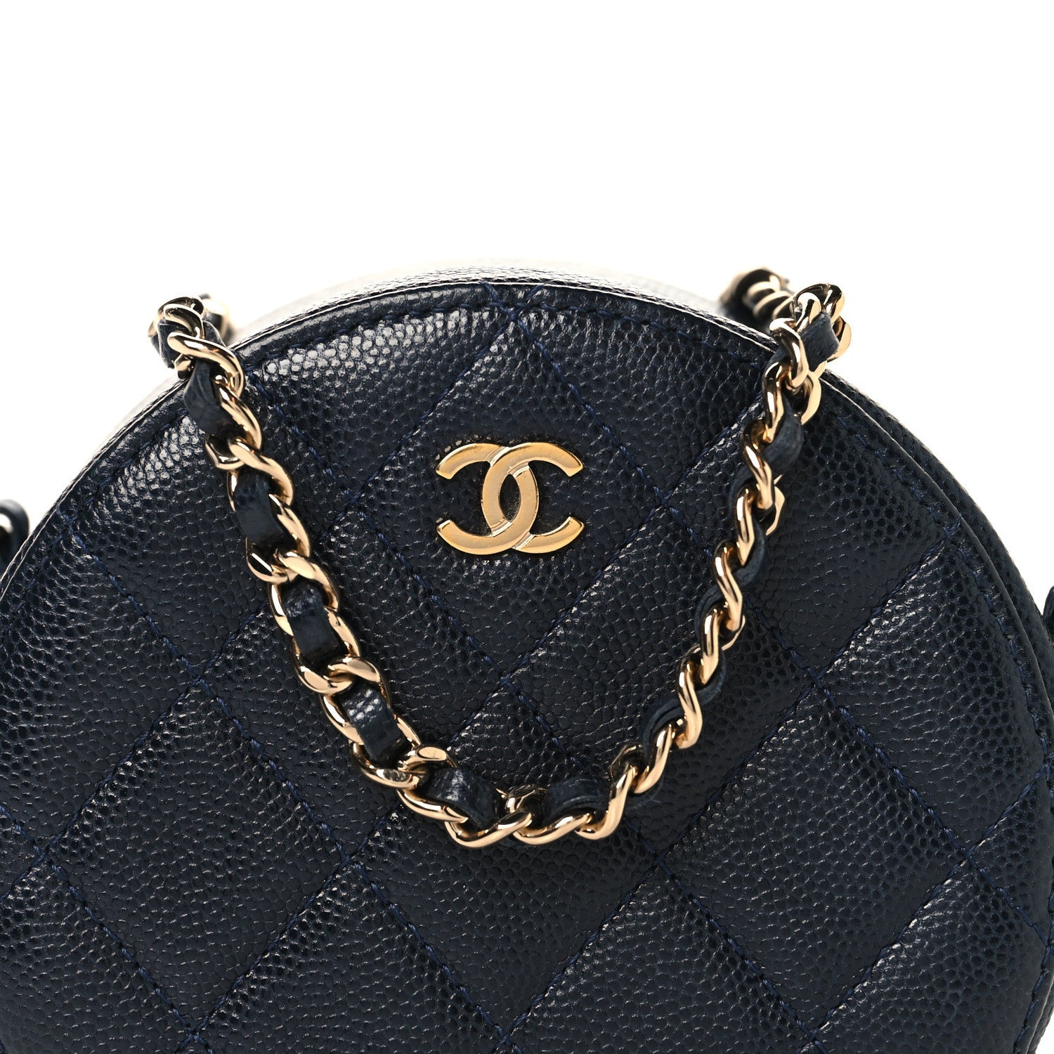 Chanel Caviar Quilted Round Clutch With Chain Navy