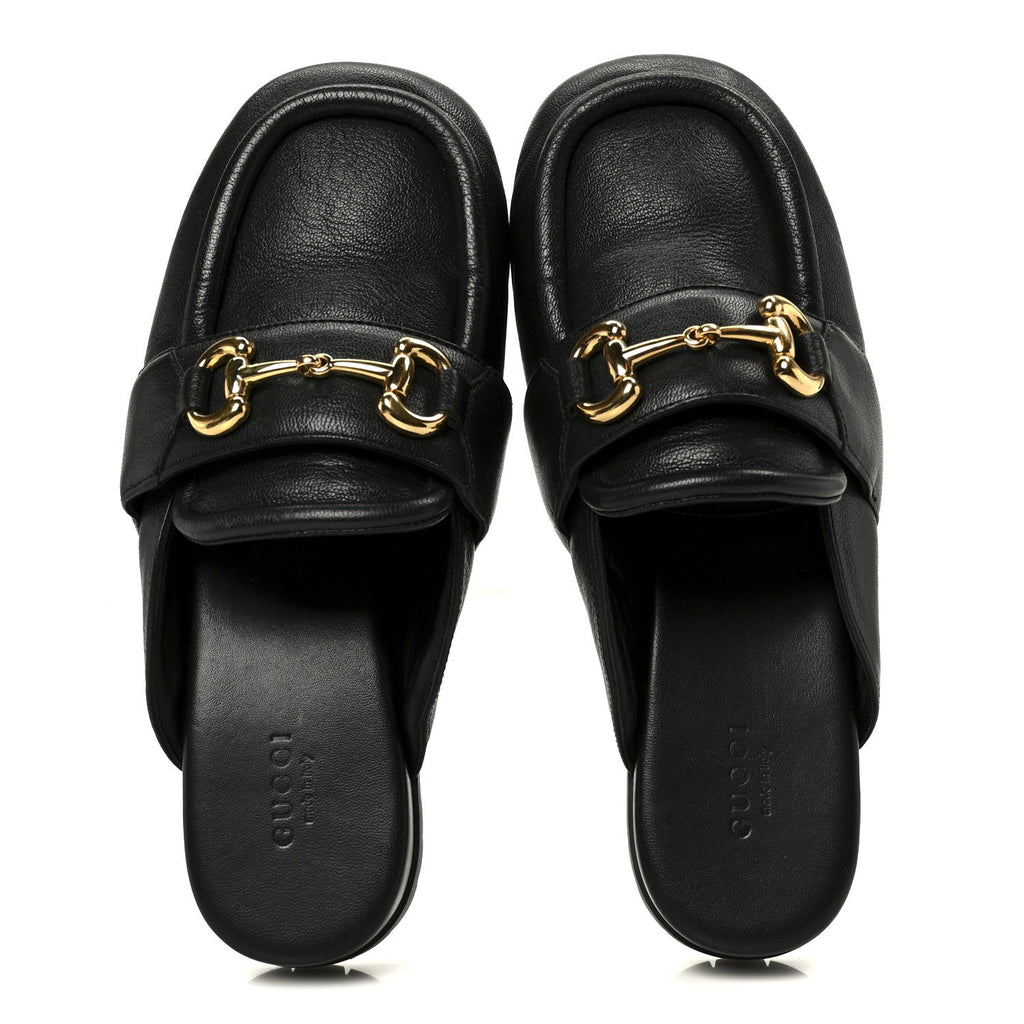 Gucci Goatskin Auroville Horsebit Mules 37.5 Black
