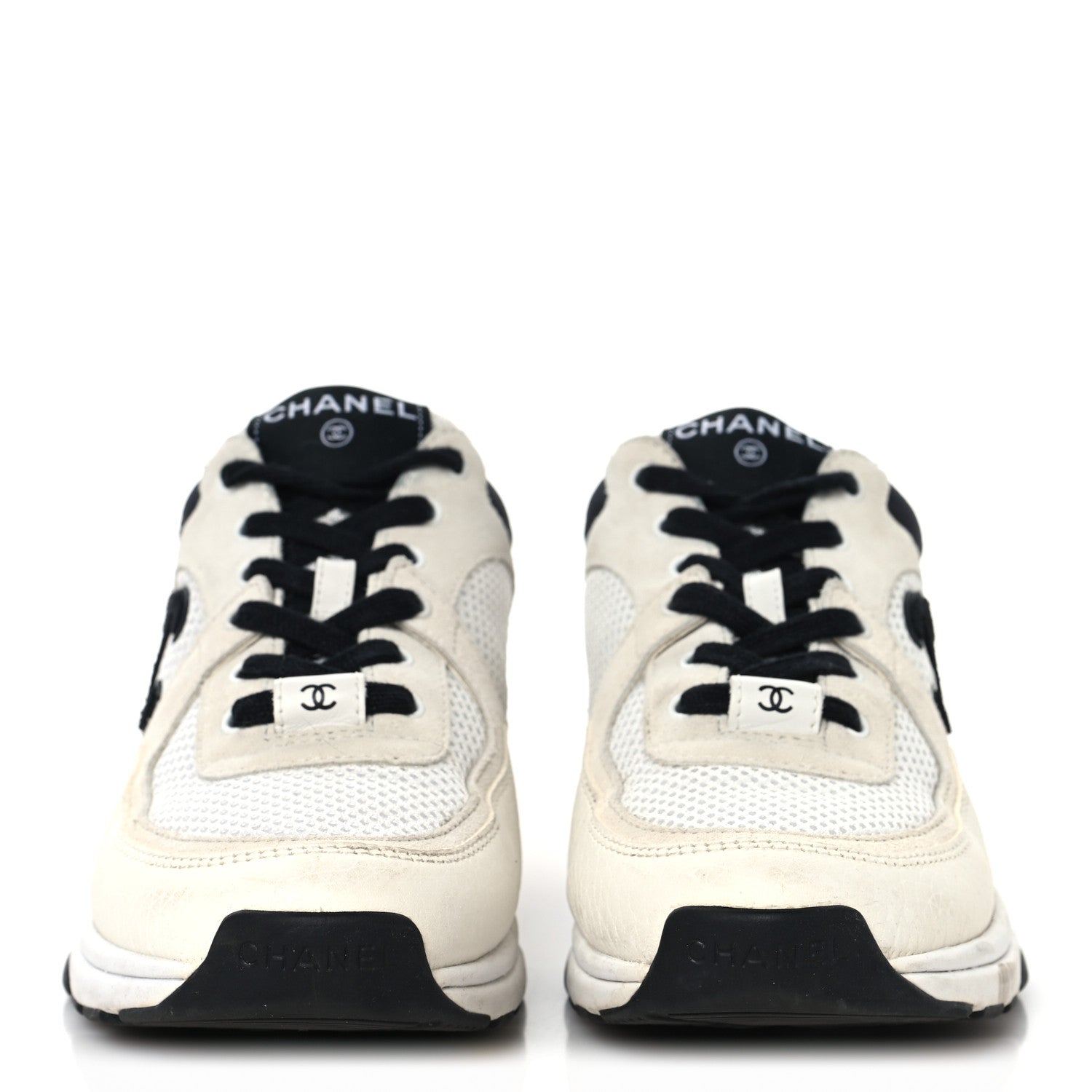 Mesh Suede Calfskin Grained Calfskin Womens CC Sneakers 37.5 White Black