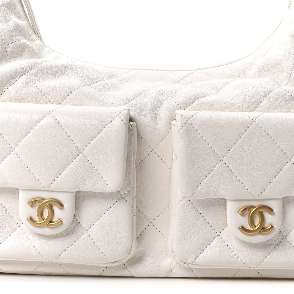 Chanel Shiny Lambskin Quilted Trendy Pockets Hobo White