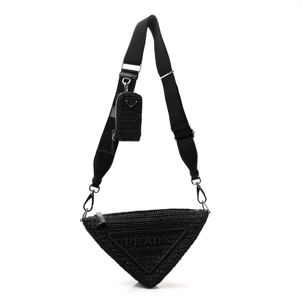Prada Yarn Raffia Effect Crochet Triangle Shoulder Bag Black