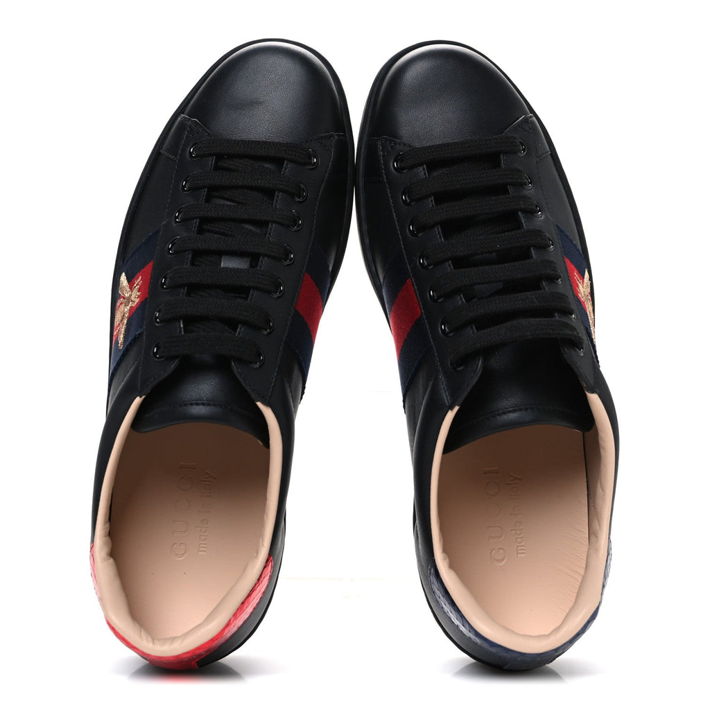 Gucci Miro Soft Calfskin Laminated Ayers Web Bee Embroidered Mens Ace Sneakers 6 Black Red Flame Night