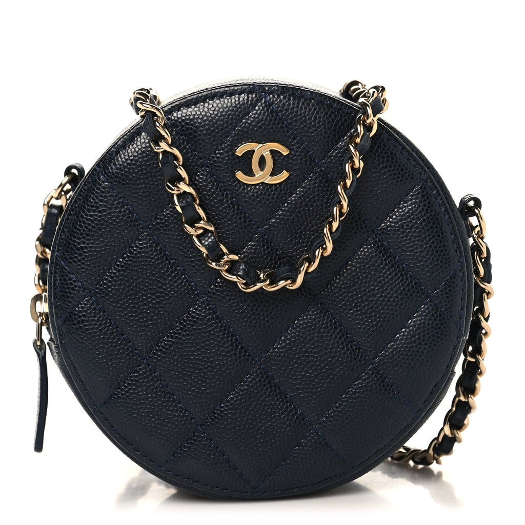 Chanel Caviar Quilted Round Clutch With Chain Navy