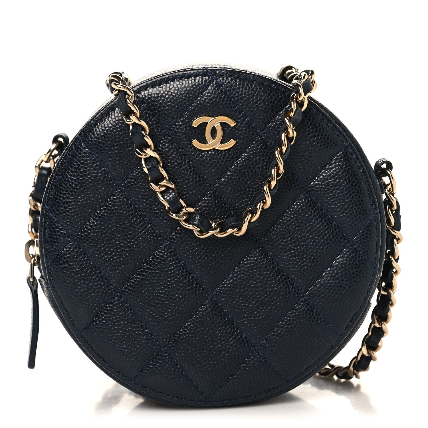 Chanel Caviar Quilted Round Clutch With Chain Navy