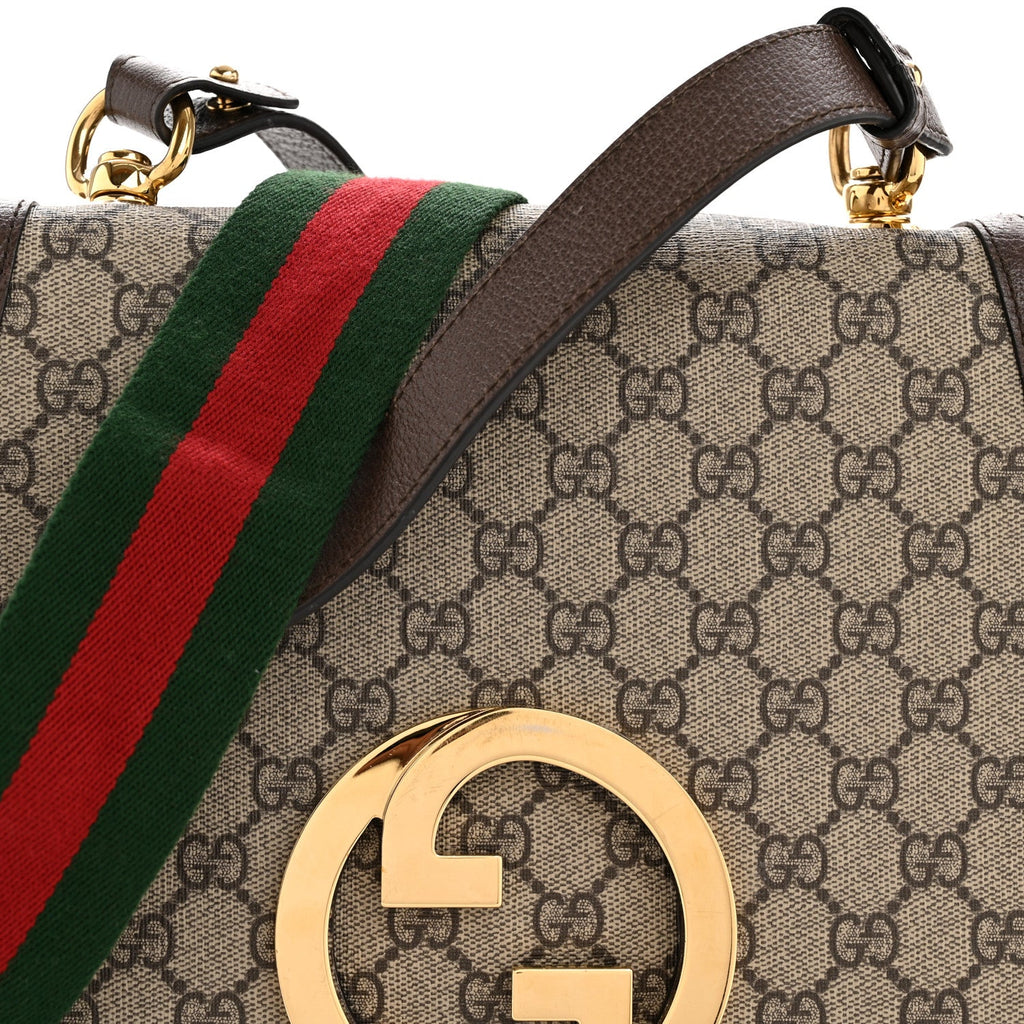 Gucci GG Supreme Monogram Textured Dollar Calfskin Web Medium Blondie Shoulder Flap Bag Beige Ebony New Acero