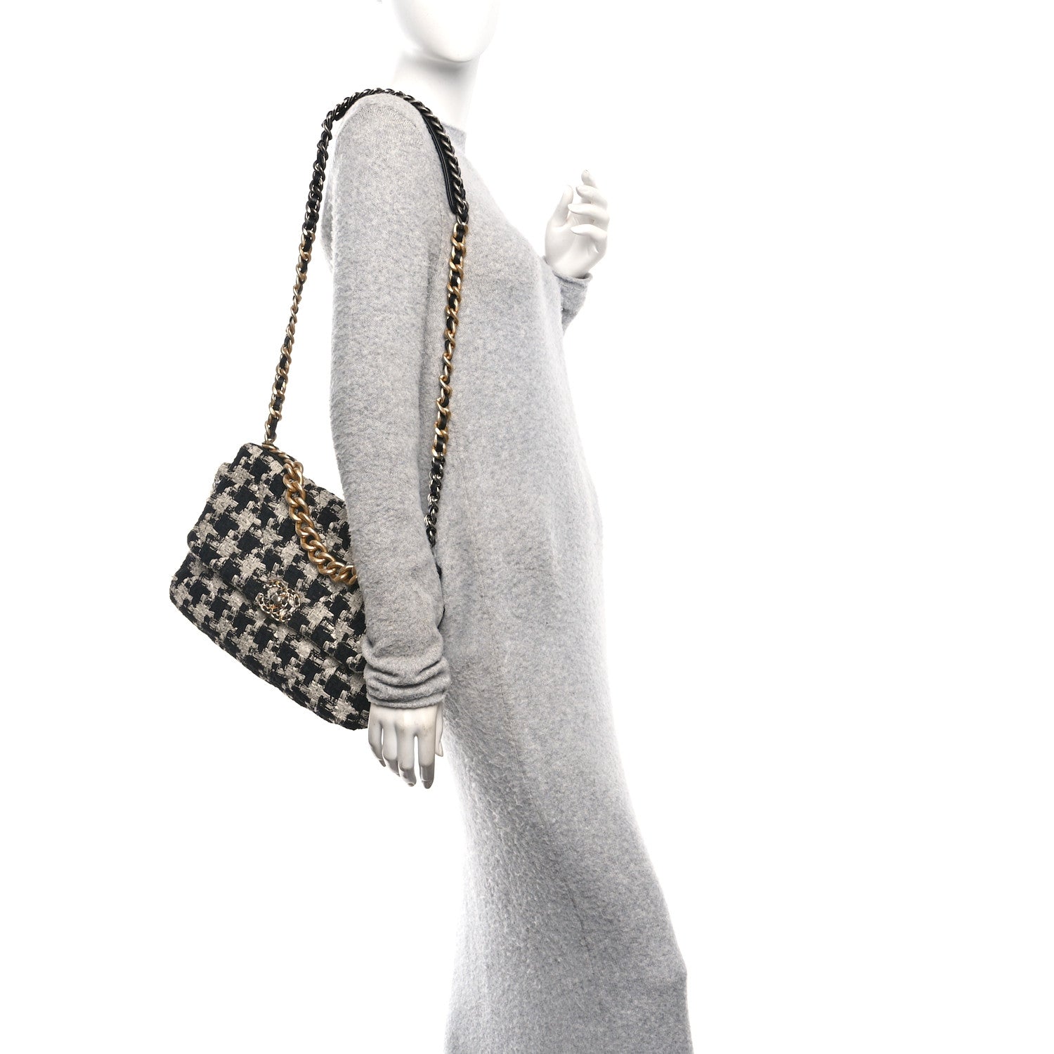 Chanel Tweed Quilted Large Chanel 19 Flap Black Ecru White