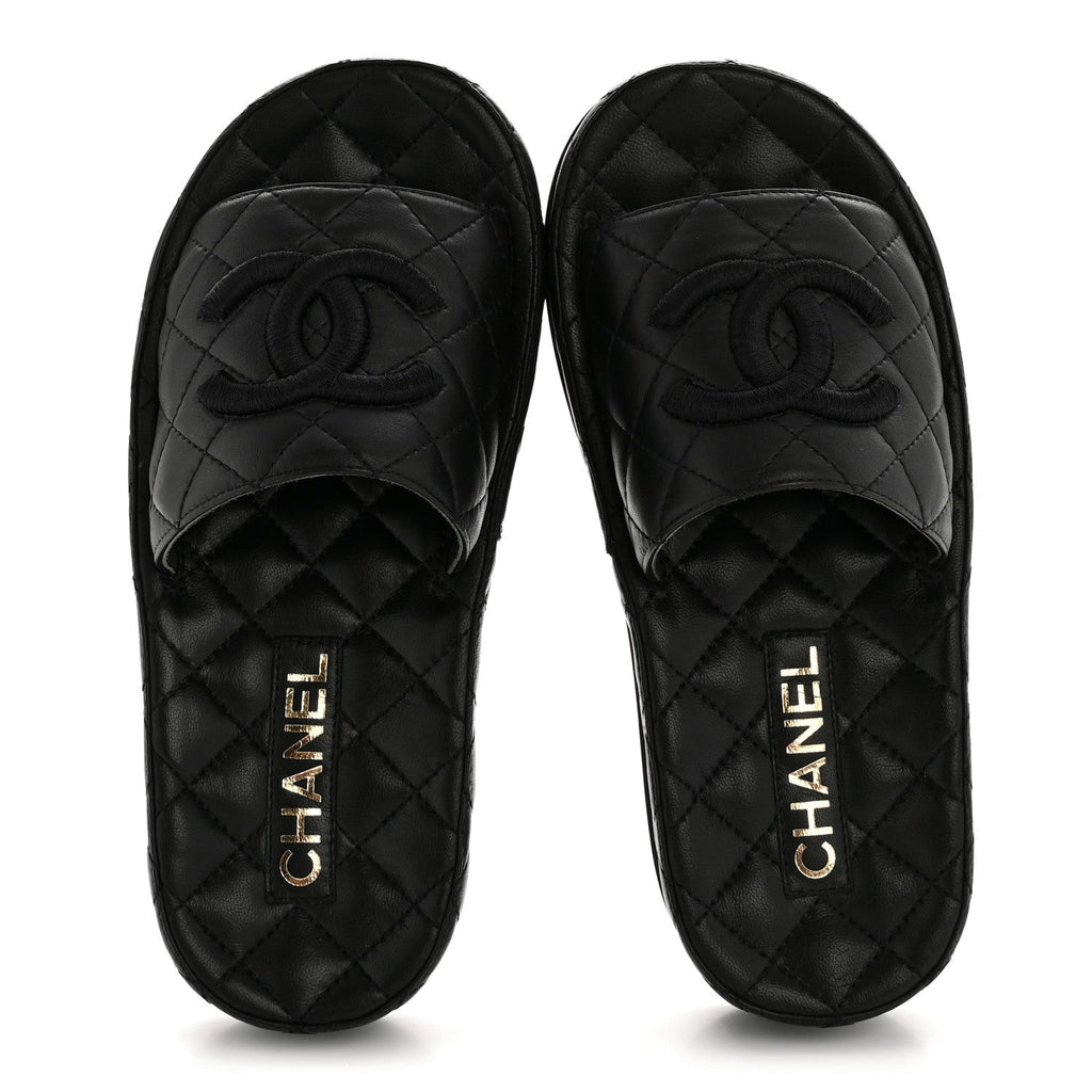 Lambskin Quilted CC Mules Sandals 35 Black