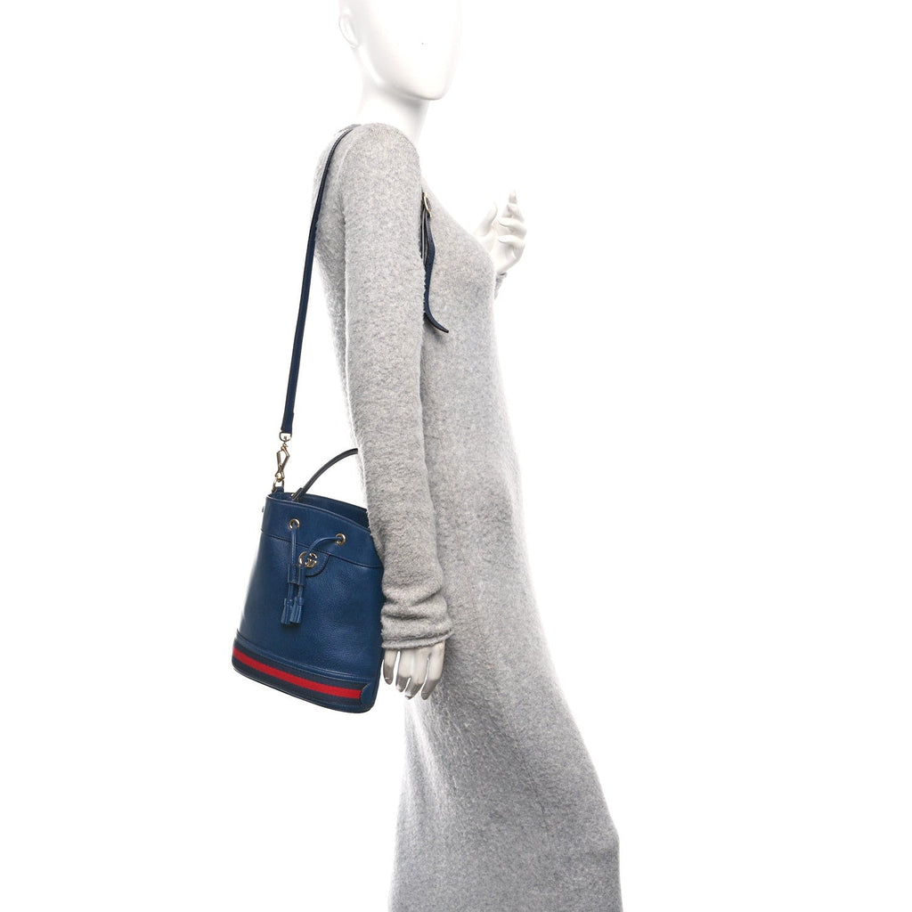 Gucci Soft Textured Calfskin Web Small Ophidia Bucket Bag Blue Agata