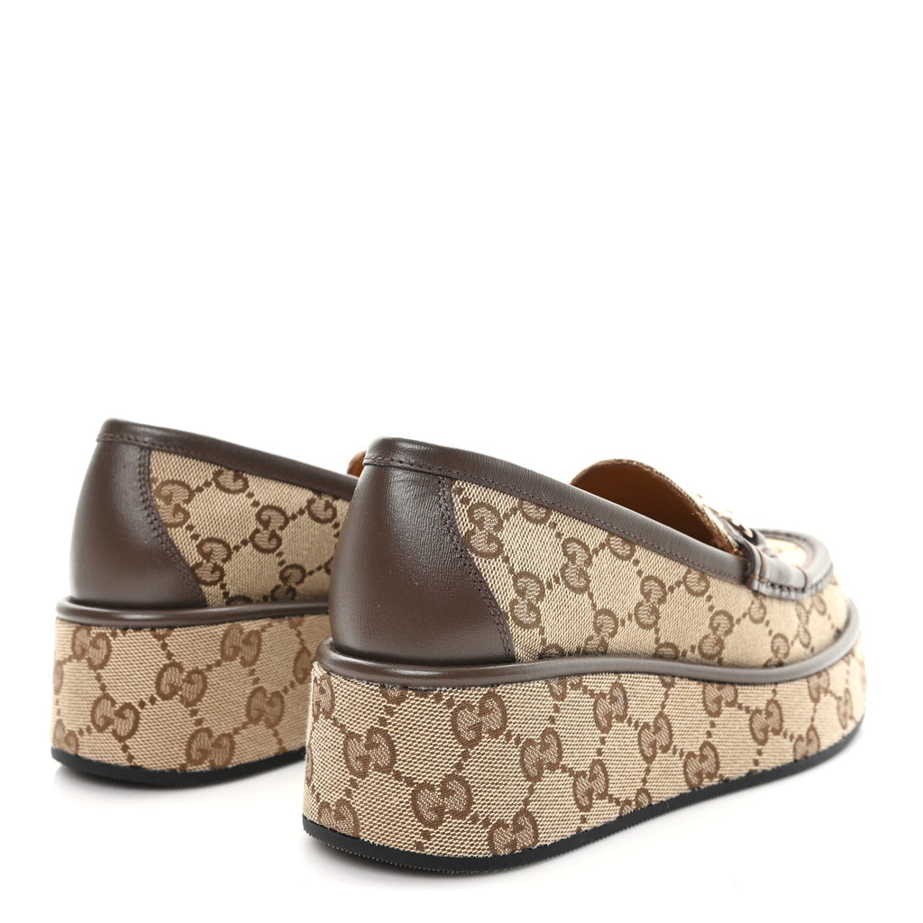 Gucci Monogram Horsebit Calfskin Womens Horsebit Wedge Platform Loafers 35.5 Beige Ebony