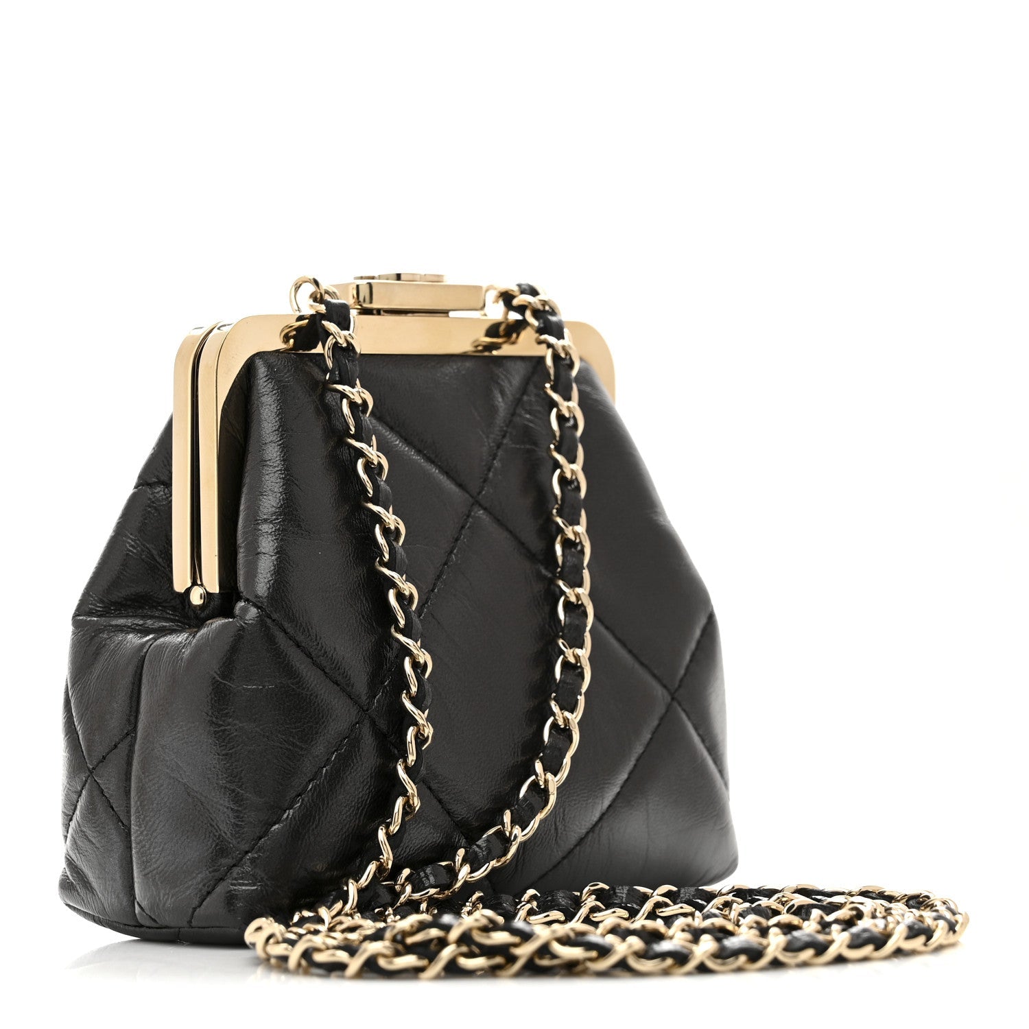 Chanel Shiny Aged Lambskin Quilted Kiss Lock Clutch With Chain Black