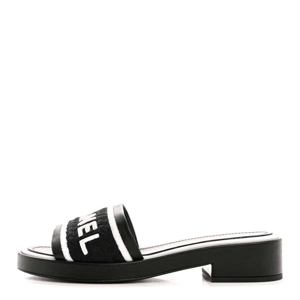 Lambskin Embroidered CC Mule Sandal 40 Black White