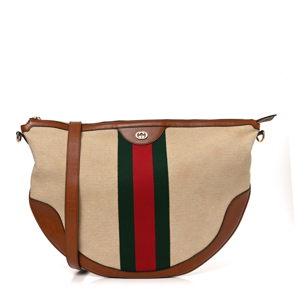 Gucci Vintage Canvas Calfskin Web Large Ophidia Half Moon Hobo Sand Light Cuir