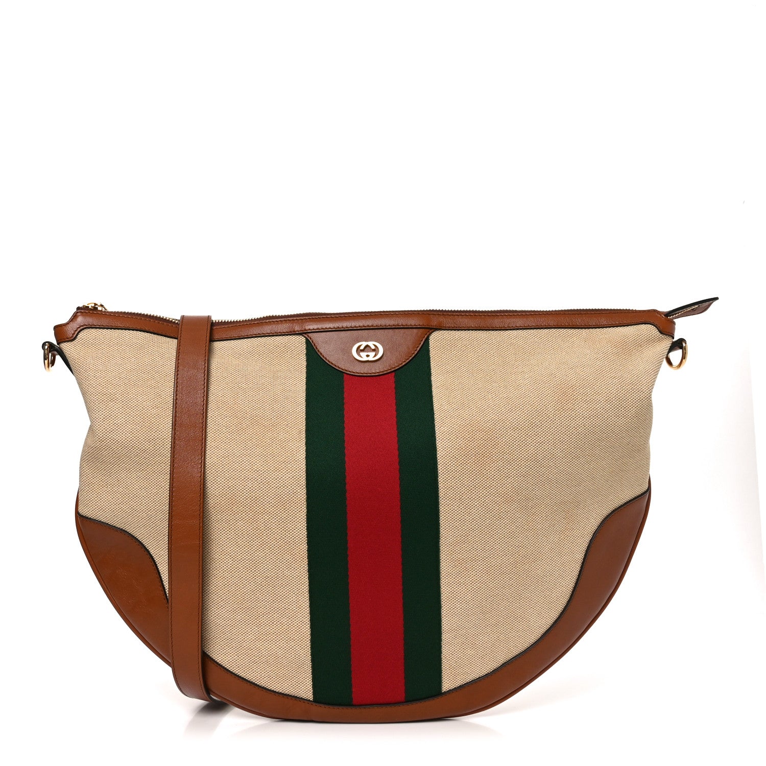 Gucci Vintage Canvas Calfskin Web Large Ophidia Half Moon Hobo Sand Light Cuir