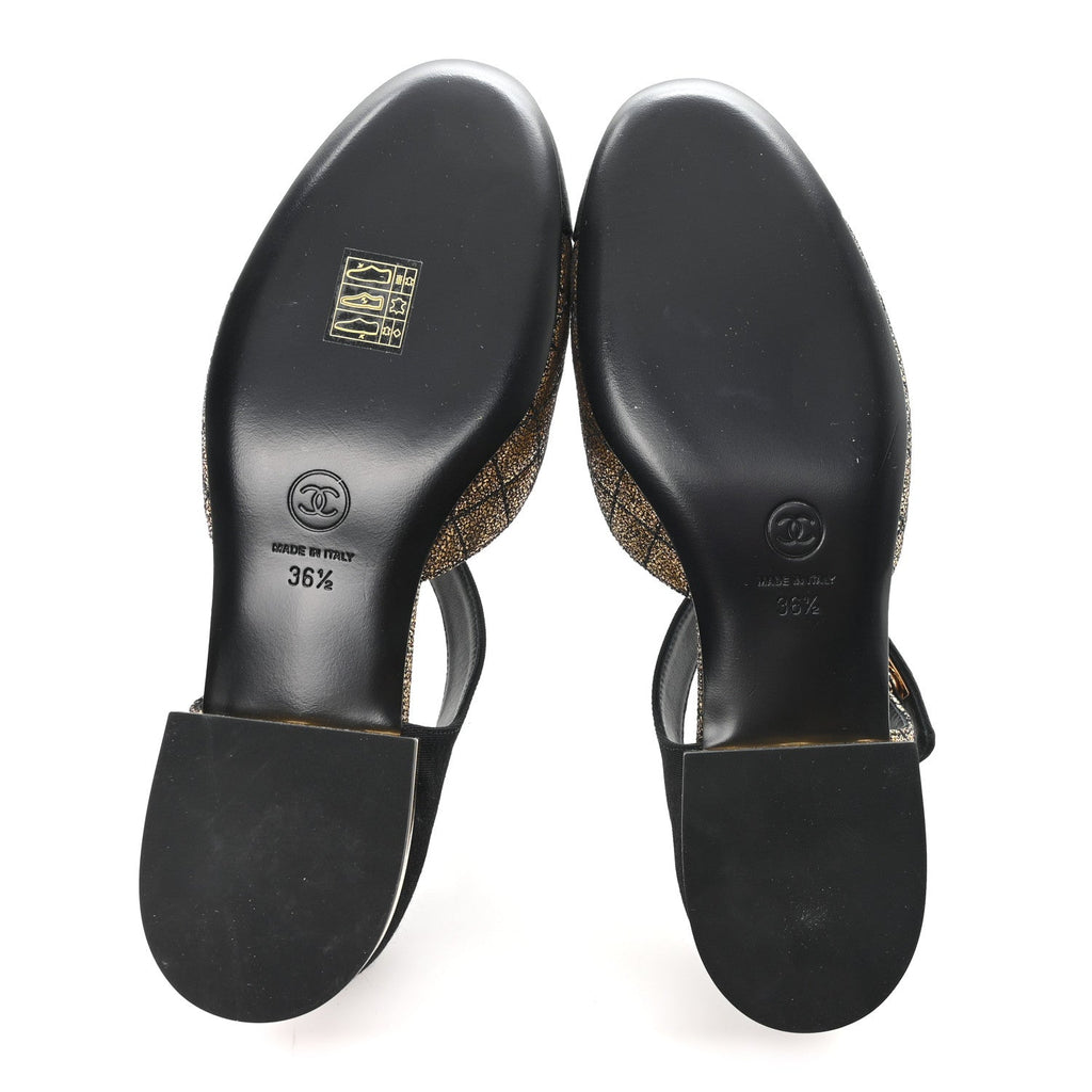 Laminated Suede Kidskin Grosgrain Quilted Cap Toe Ballerina Flats 36.5 Gold Black