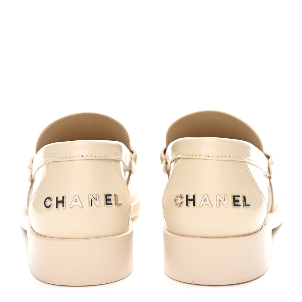 Chanel Shiny Calfskin Logo Loafers 39.5 Beige