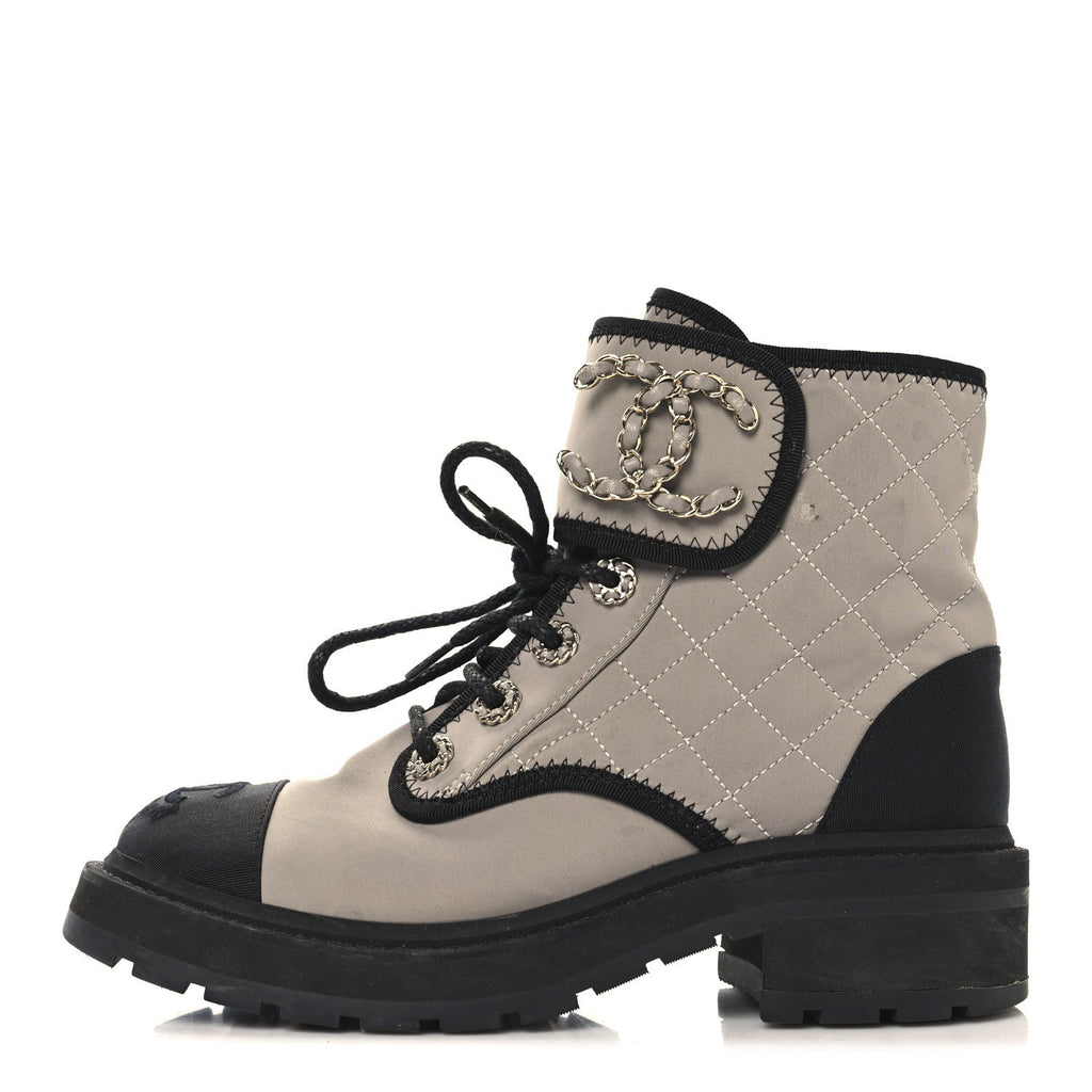 Fabric Grosgrain Lambskin Quilted Lace Up Combat Boot 36 Gray