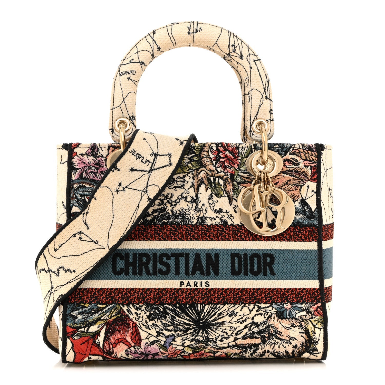 Christian Dior Canvas Constellation Embroidered Medium Lady D-Lite Latte Multicolor