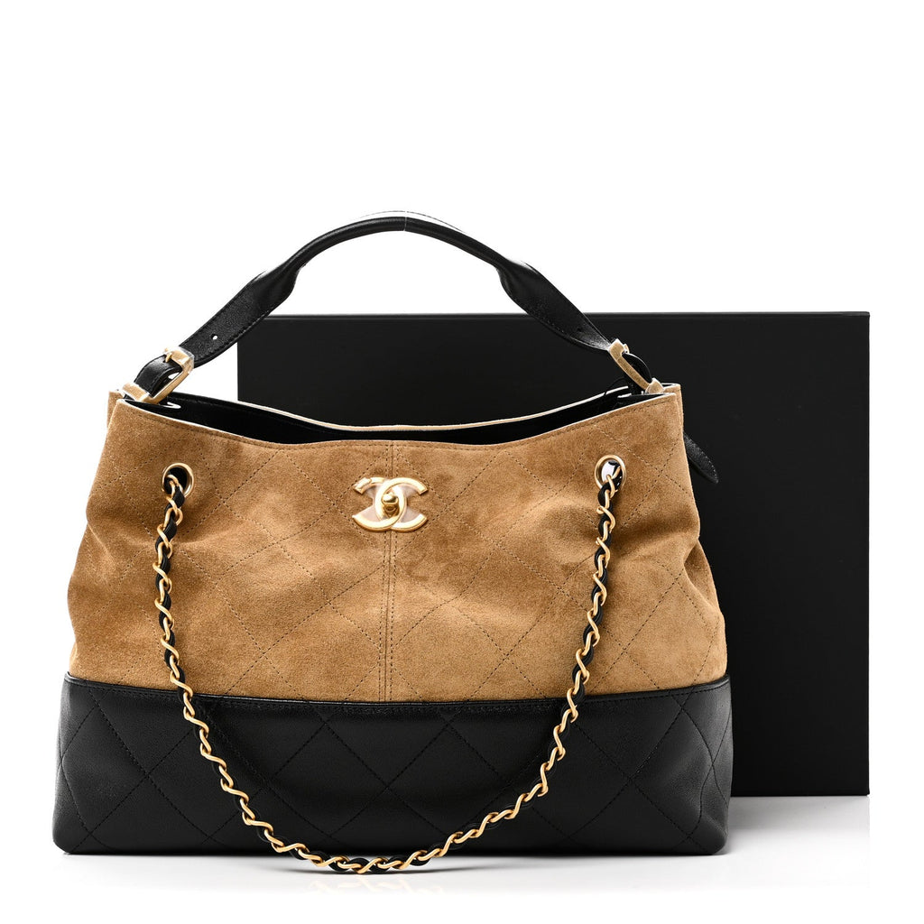Chanel Suede Calfskin Shiny Lambskin Quilted Small Coco Base Shopping Bag Beige Black
