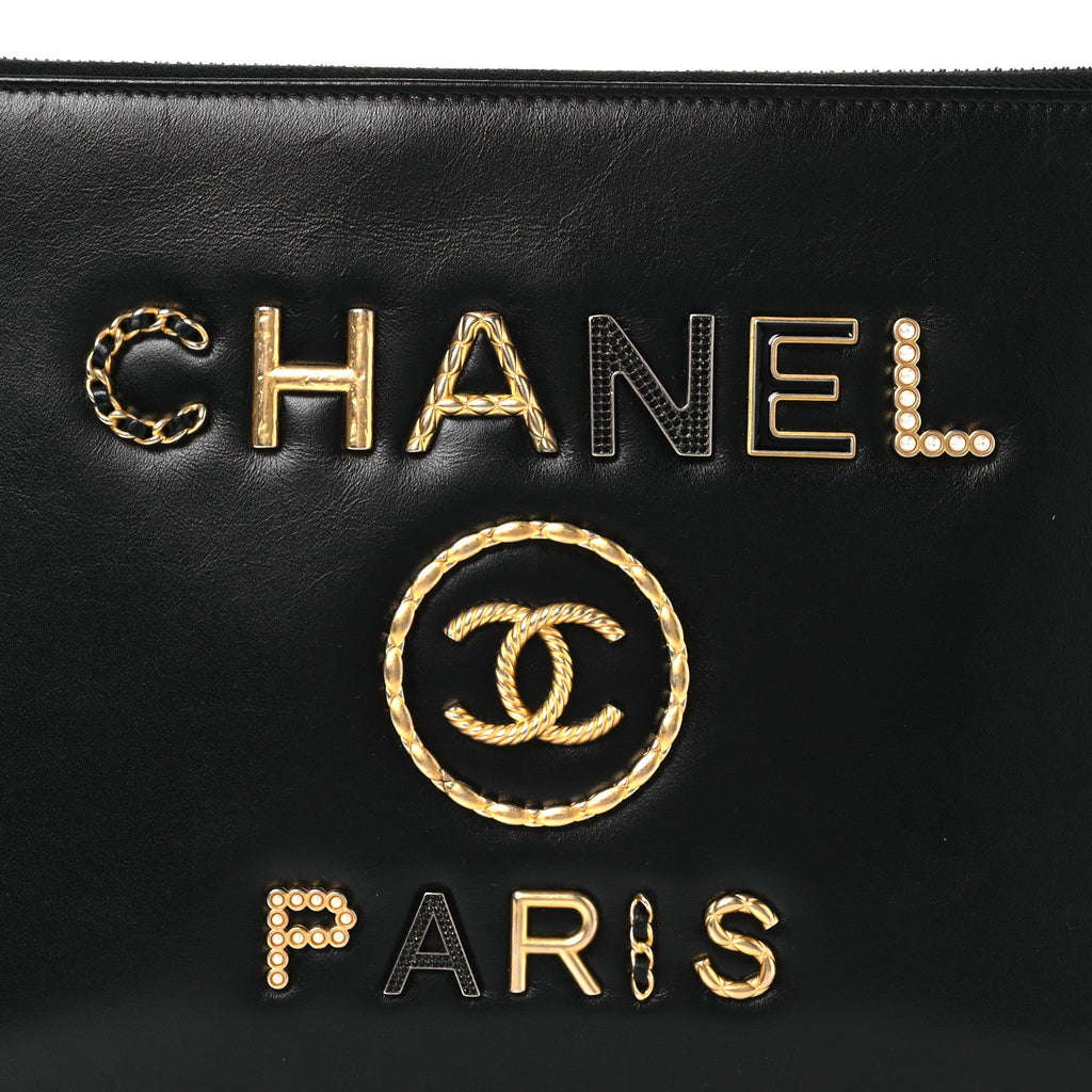 Chanel Shiny Calfskin Crystal Pearl Logo Cosmetic Case Black