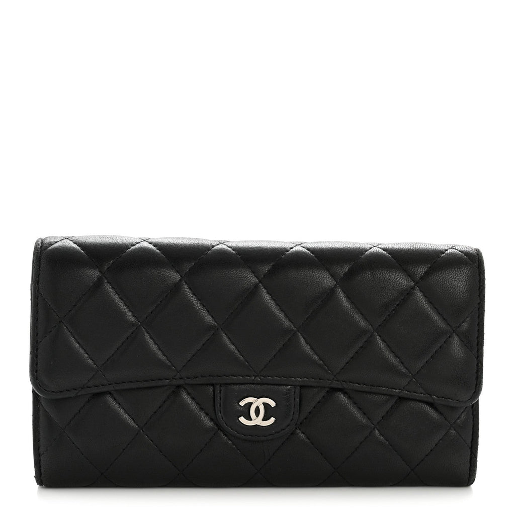 Lambskin Quilted Large Gusset Flap Wallet Black