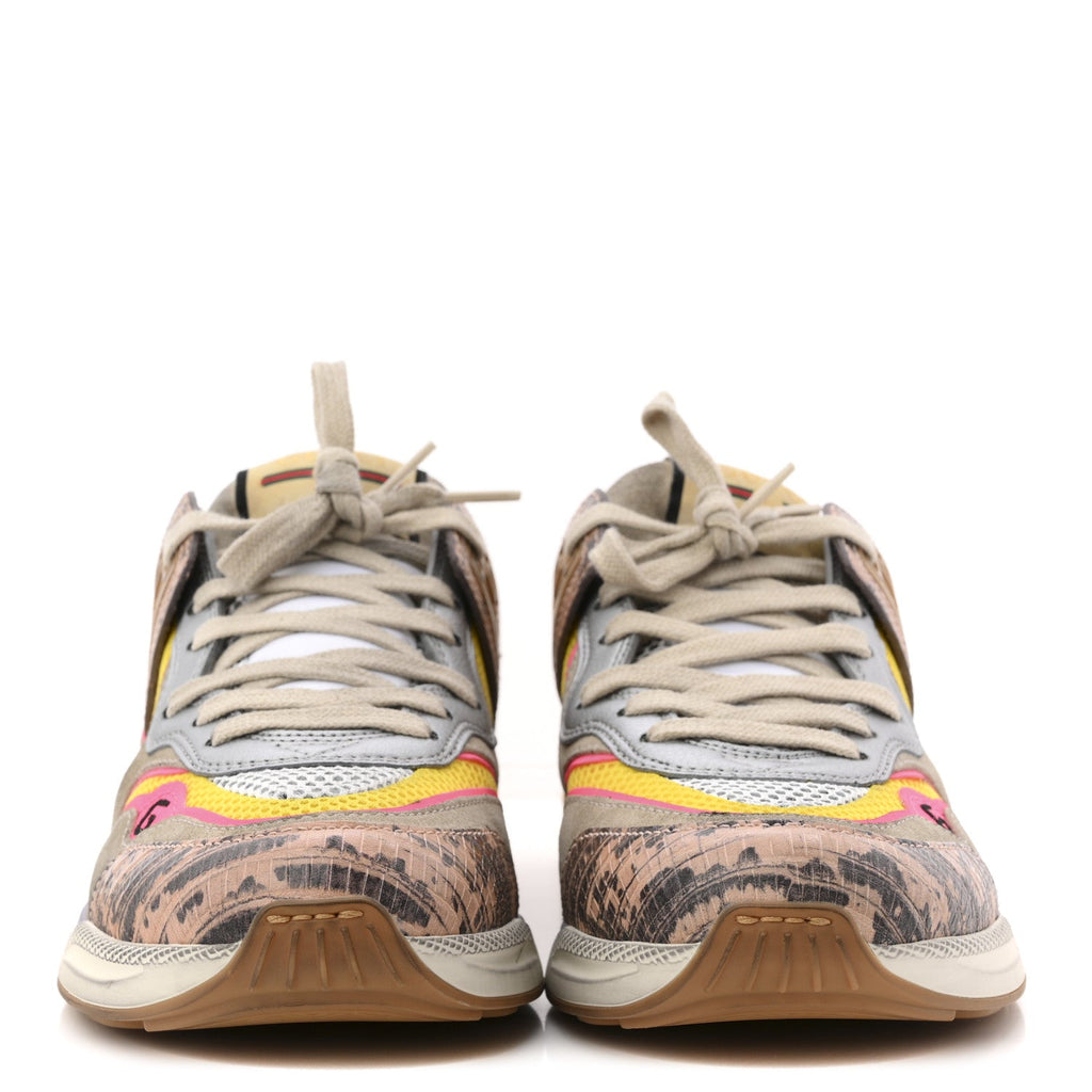 Gucci Suede Calfskin Tejus Printed Womens Ultrapace Sneakers 37.5 Pink Silver Oatmeal Yolk