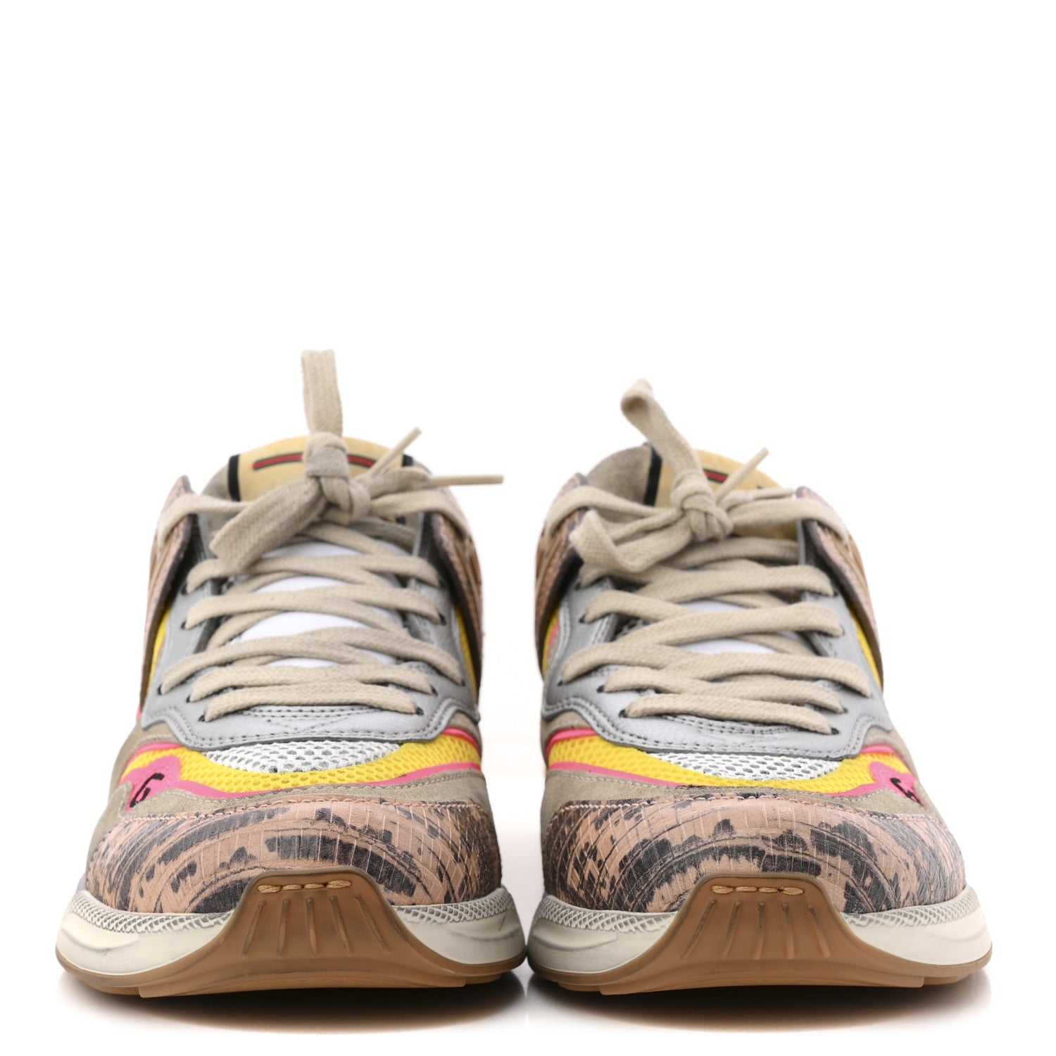 Gucci Suede Calfskin Tejus Printed Womens Ultrapace Sneakers 37.5 Pink Silver Oatmeal Yolk