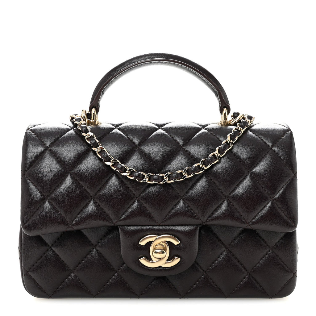 Chanel Lambskin Quilted Mini Top Handle Rectangular Flap Dark Purple