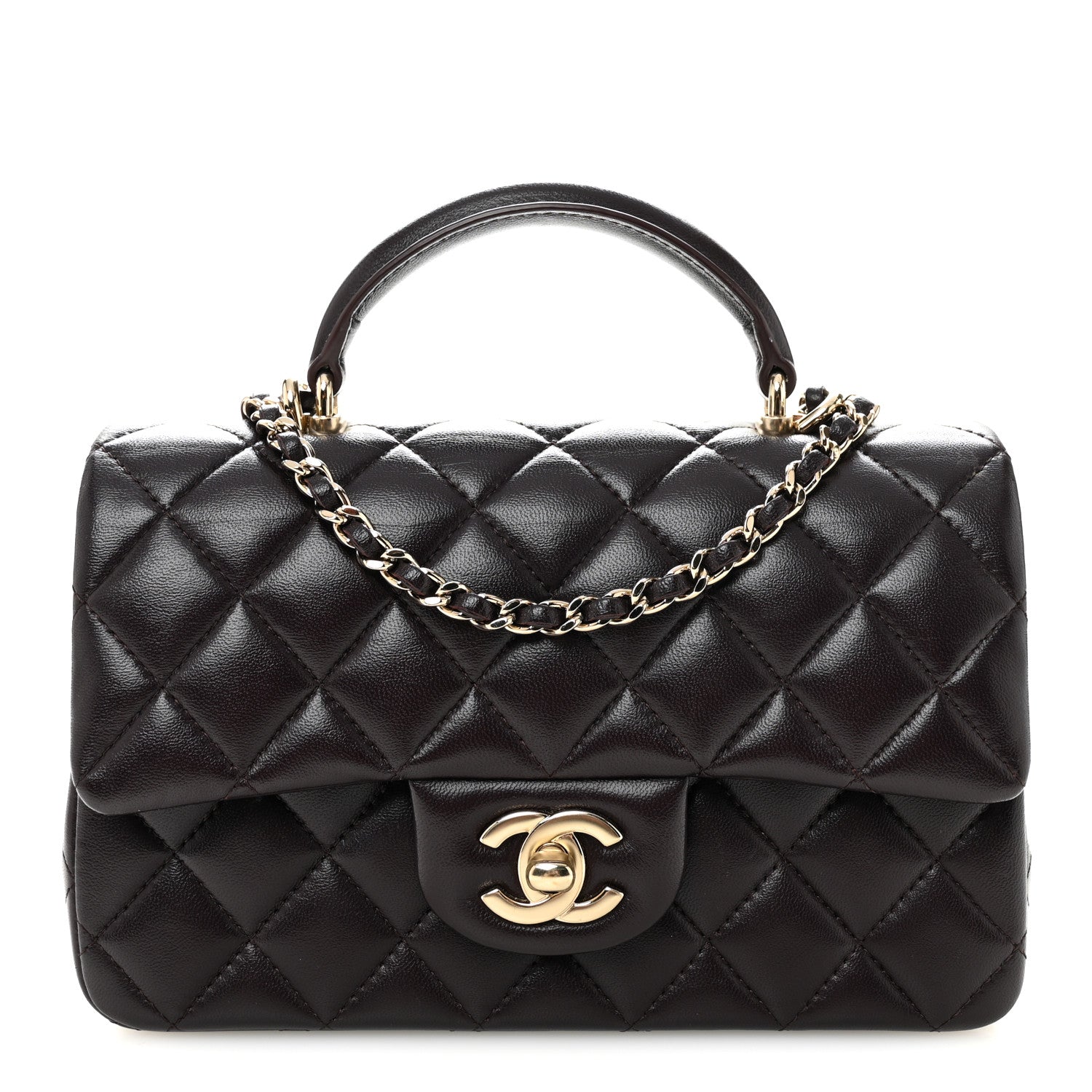 Chanel Lambskin Quilted Mini Top Handle Rectangular Flap Dark Purple