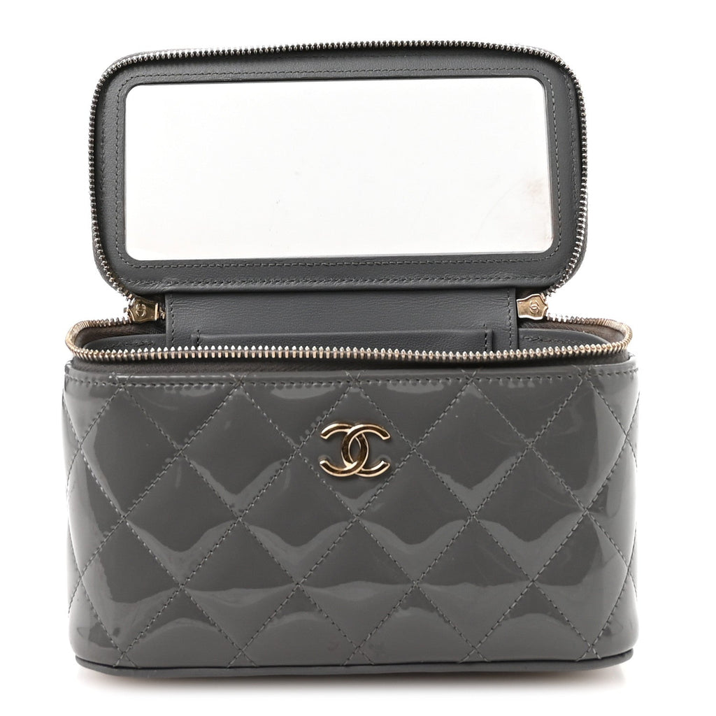 Chanel Patent Quilted Quilted Small Top Handle Vanity Case With Chain Grey