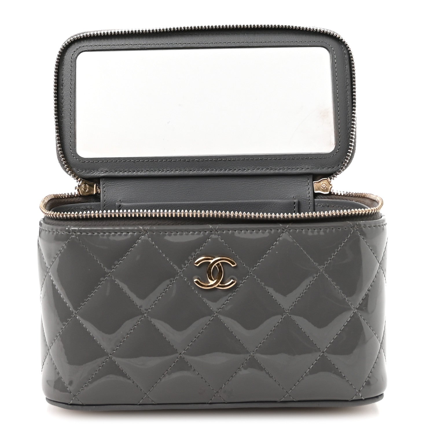 Chanel Patent Quilted Quilted Small Top Handle Vanity Case With Chain Grey