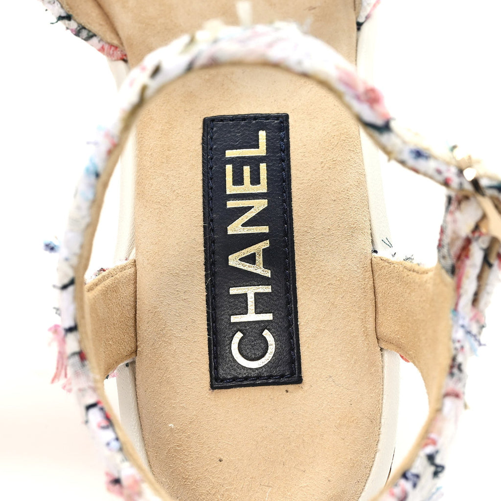 Chanel Tweed Cork CC Wedge Sandals 39 Ecru Pink Blue Green
