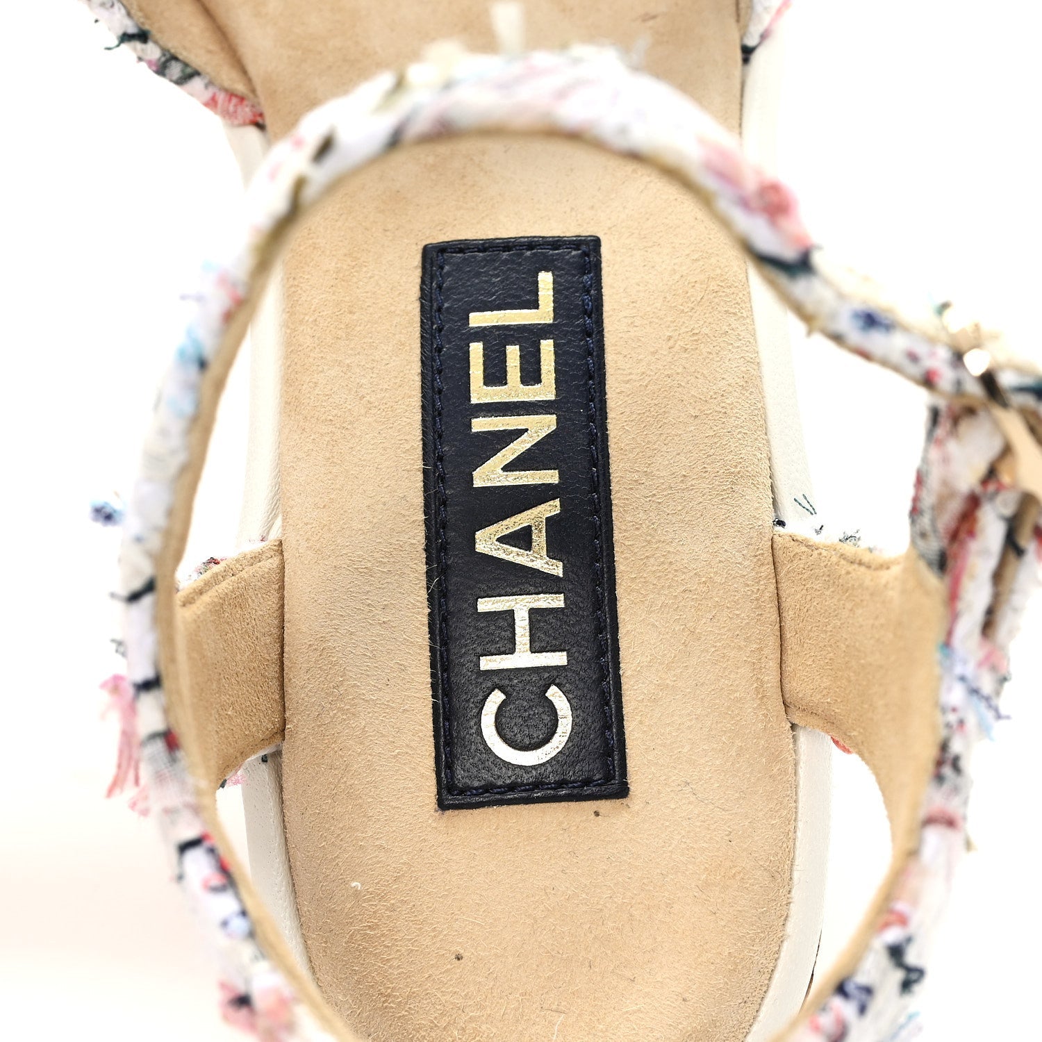 Chanel Tweed Cork CC Wedge Sandals 39 Ecru Pink Blue Green