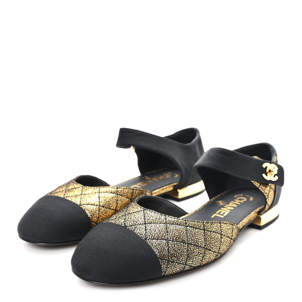 Laminated Suede Kidskin Grosgrain Quilted Cap Toe Ballerina Flats 36.5 Gold Black