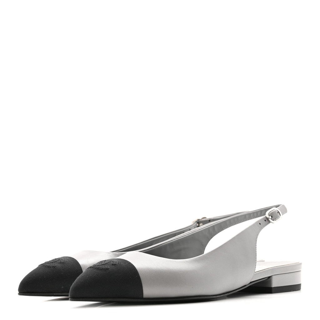 Goatskin Grosgrain Pointed Toe CC Slingback Flats 36.5 Gray Black