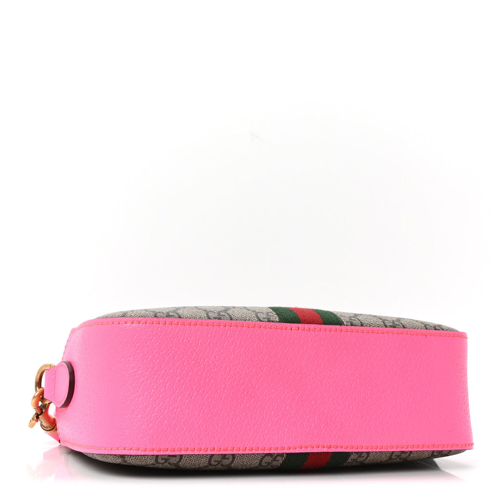 Gucci GG Supreme Monogram Textured Dollar Calfskin Web Ophidia Small Crossbody Bag Beige Ebony Fuchsia