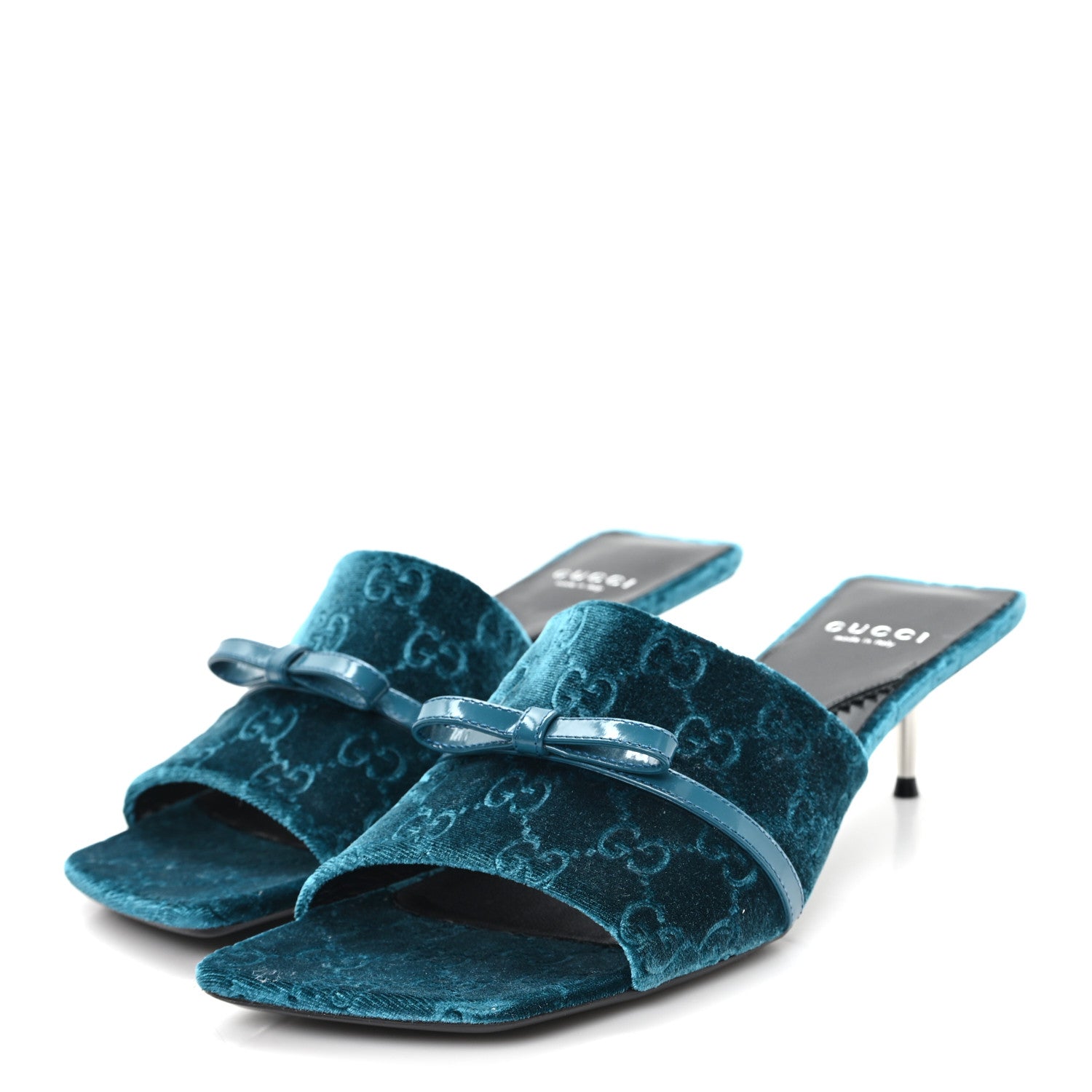 Gucci New Velvet Ashmir Regent Calfskin GG Monogram Square Toe Bow 45mm Slide Sandals Peacock Blue 39.5