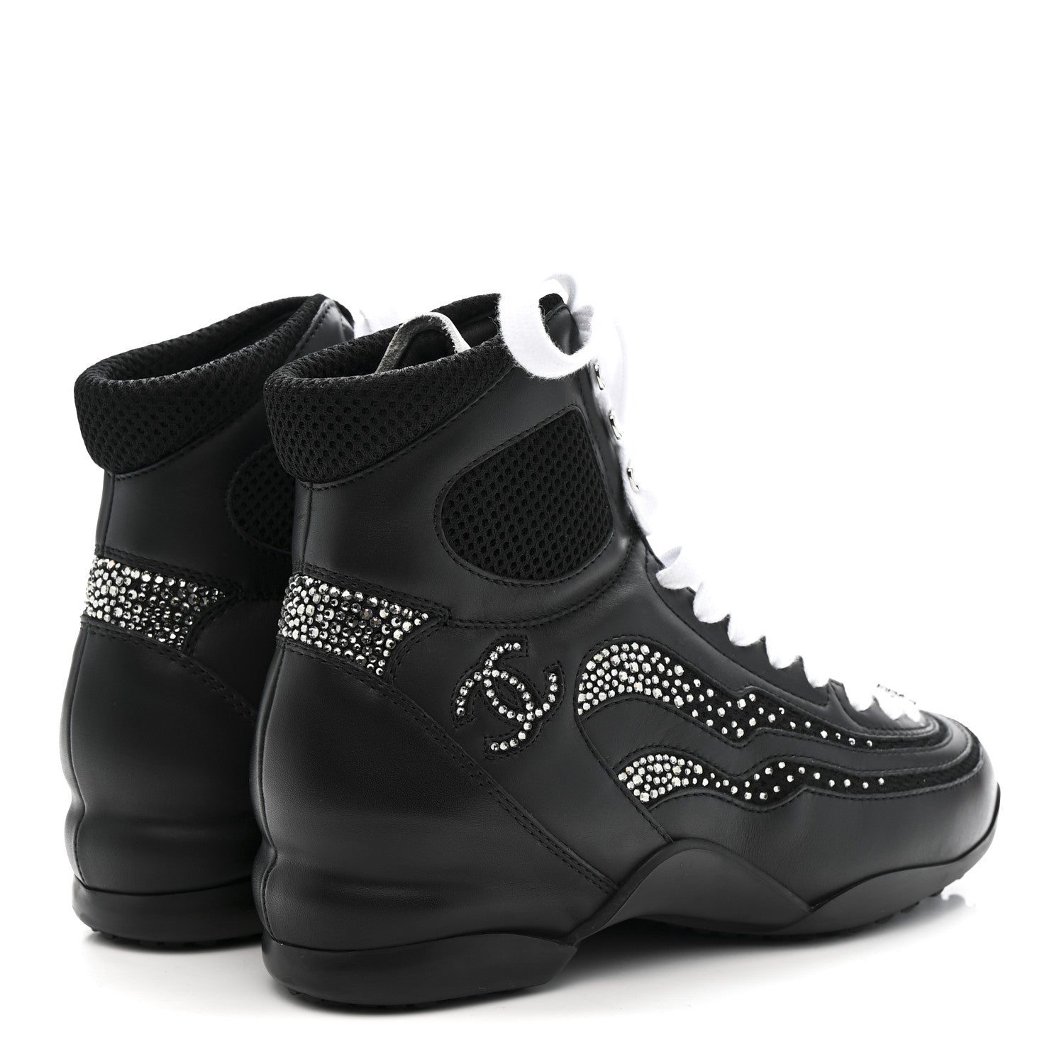 Calfskin Mesh Strass Womens CC Sneakers 37 Black Silver