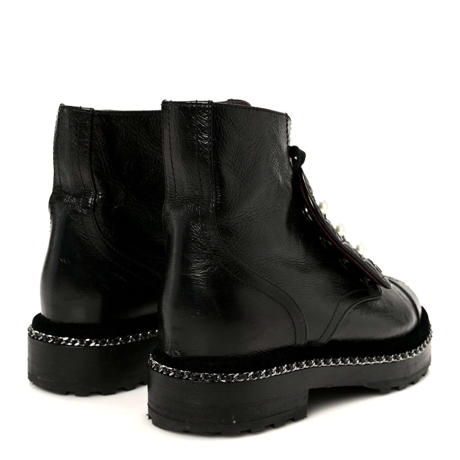 Crackled Calfskin Velvet Pearl Combat Short Boots 36 Black