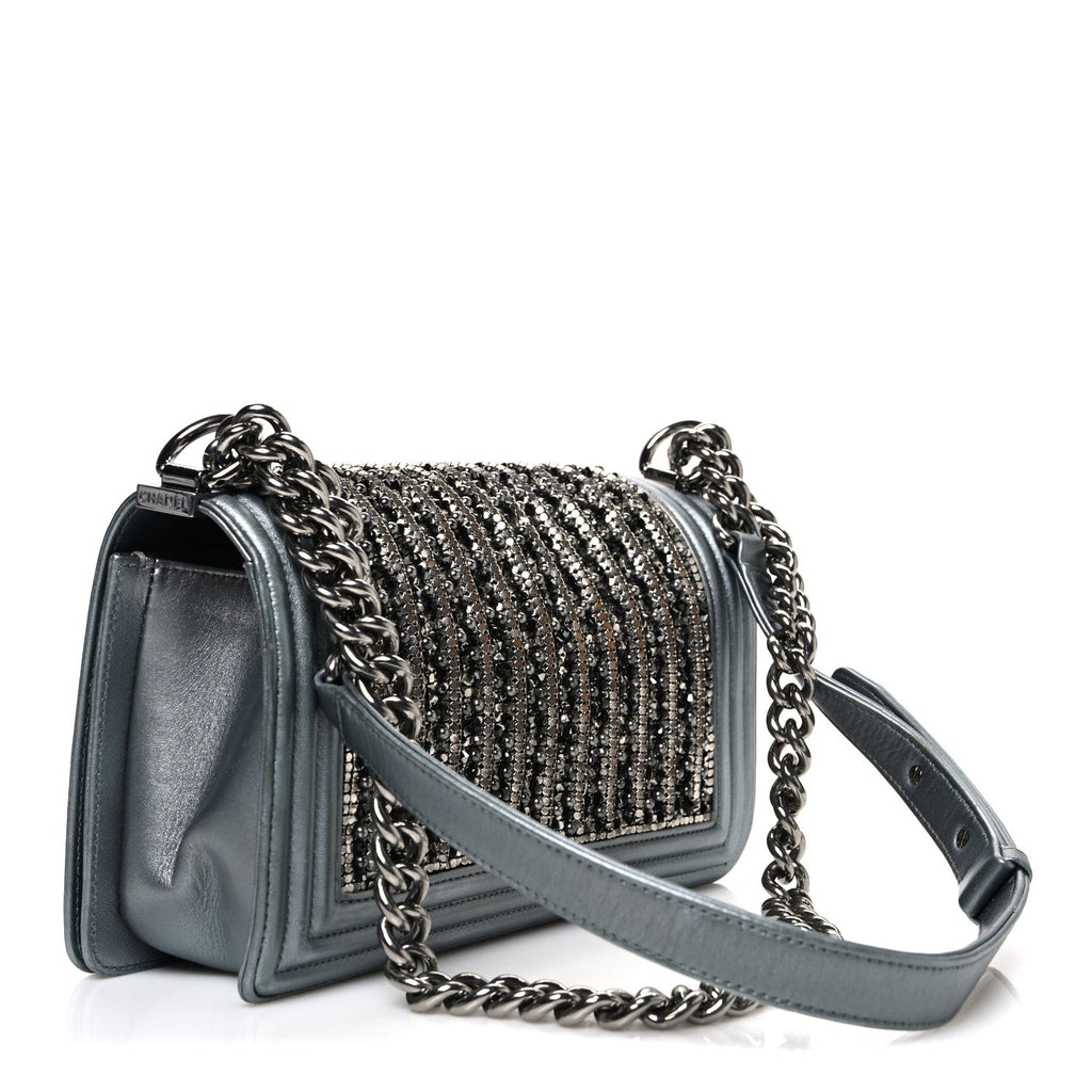 Chanel Metallic Lambskin Glass Pearl Embroidered Medium Boy Flap  Silver