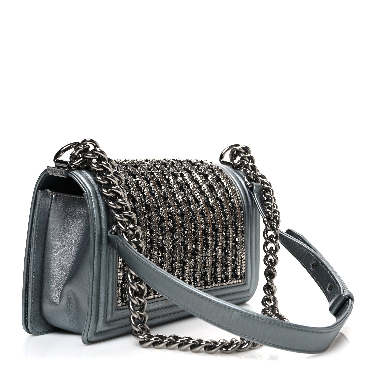 Chanel Metallic Lambskin Glass Pearl Embroidered Medium Boy Flap  Silver
