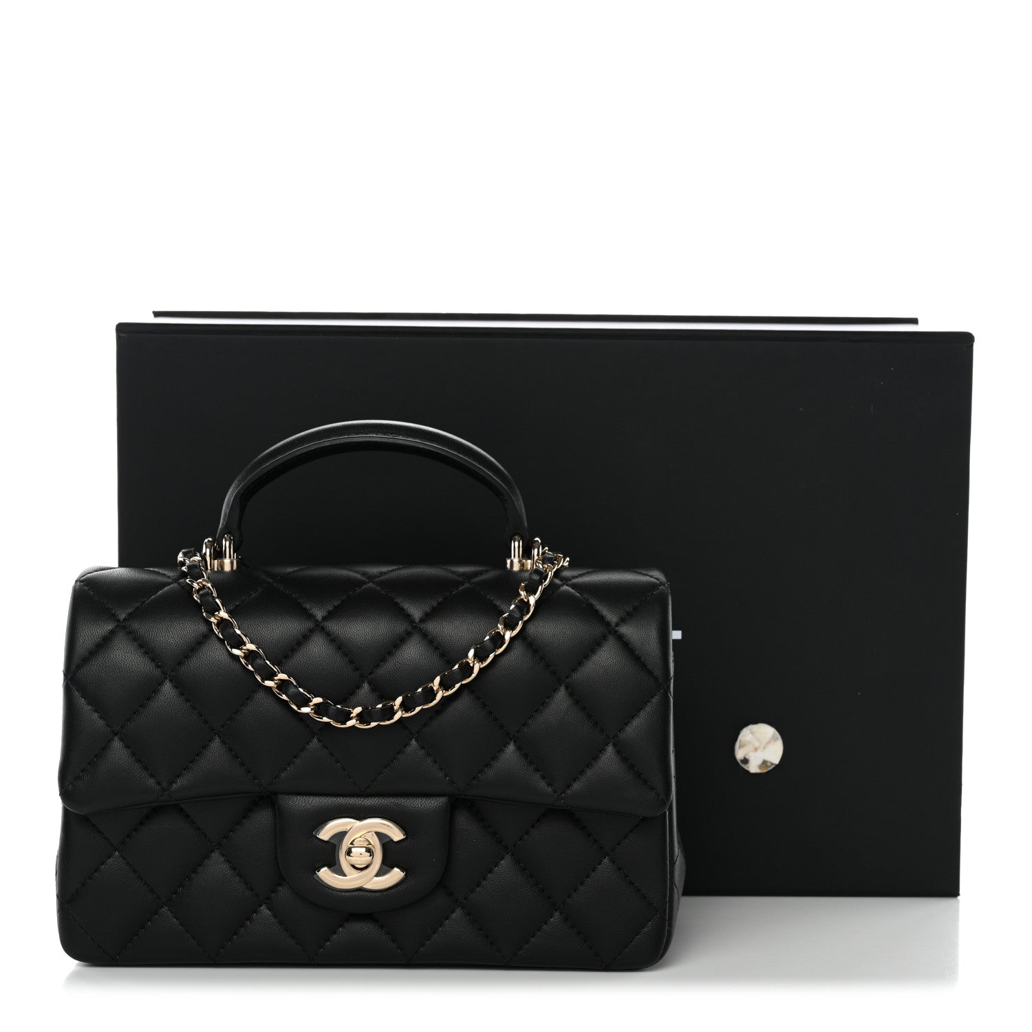 Chanel Lambskin Quilted Mini Top Handle Rectangular Flap Black