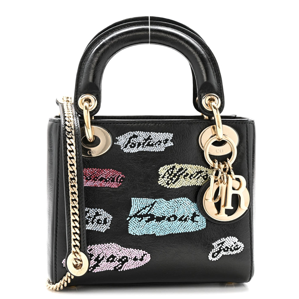 Christian Dior Calfskin Beaded Mini Lady Dior Black