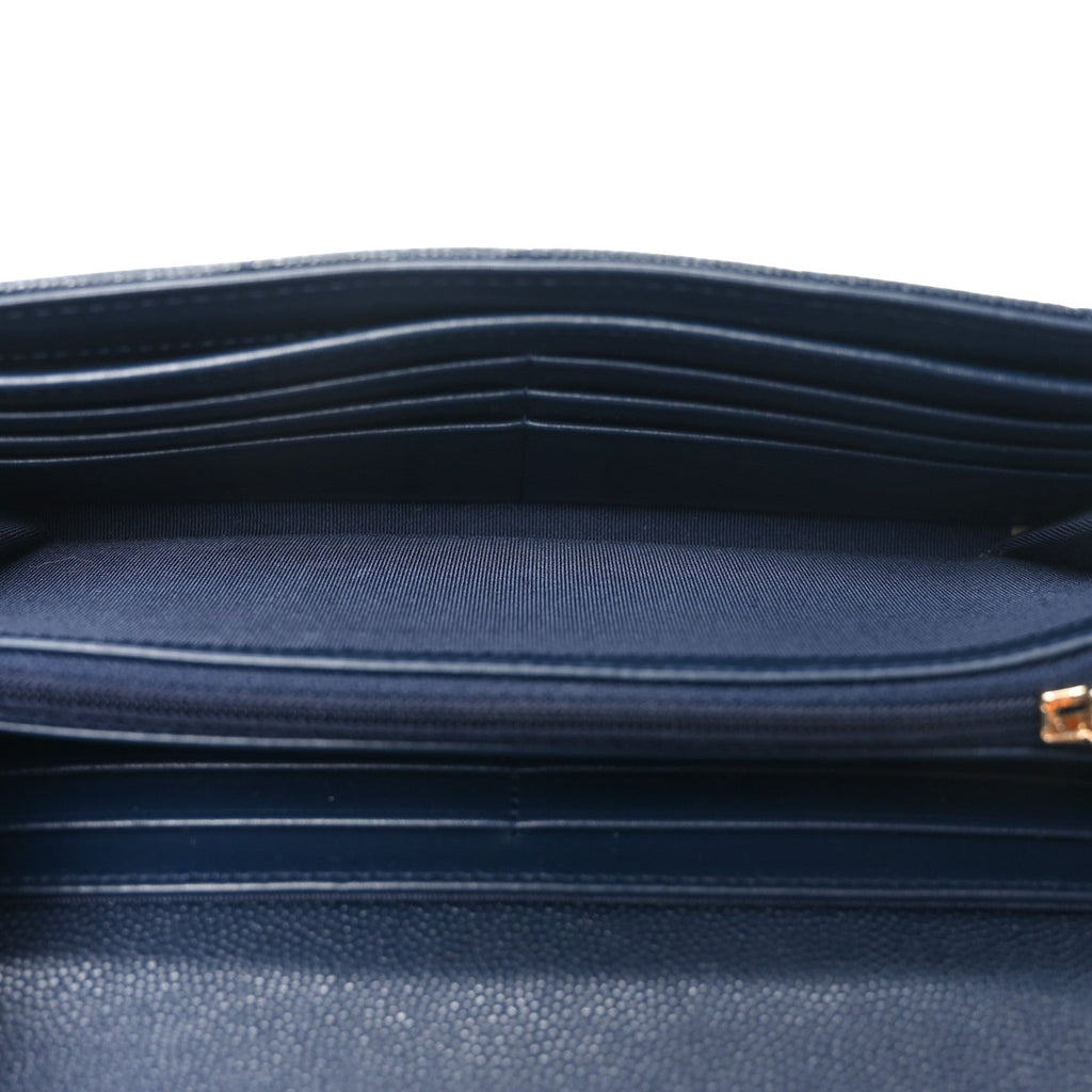 Caviar Quilted Large Gusset Flap Wallet Navy