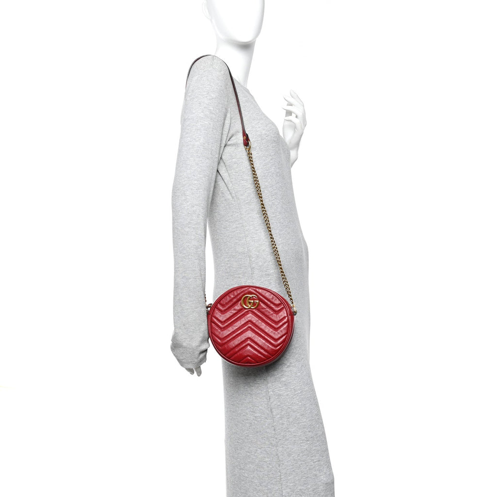 Gucci Glazed Calfskin Matelasse Heart Mini GG Marmont Round Shoulder Bag Romantic Cerise